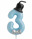 Geburtstagskerze Nummer "3" - blau mit Zylinder und Fliege