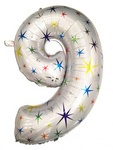 Folienballon Nummer "9" Weiß mit Sternen (100cm).)