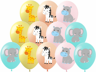 Balony Safari z zwierzątkami zestaw 12 sztuk pastelowych balonów