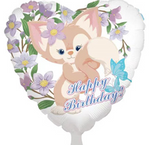 Heart-shaped foil balloon with cute dog and floral motif, Happy Birthday 18" (45cm.)