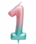 Geburtstagskerze Nummer "1" - rosa und mint mit Ombre-Effekt