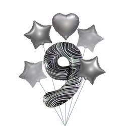 Marmor 9" Luftballon Set - Silberne Sterne und Herzen