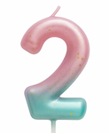 Geburtstagskerze Nummer "2" - rosa und mint mit Ombre-Effekt