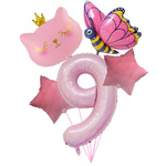 Geburtstags-Ballon-Set "Pink 9" - Kätzchen, Schmetterling, Sterne