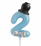 Geburtstagskerze Nummer "2" - blau mit Zylinder und Fliege